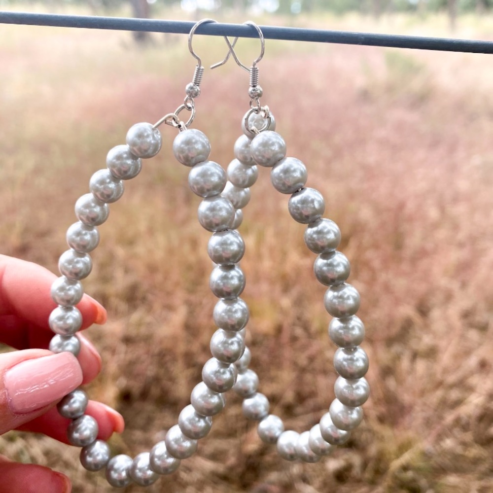 Hand made silver pearl beaded hoops